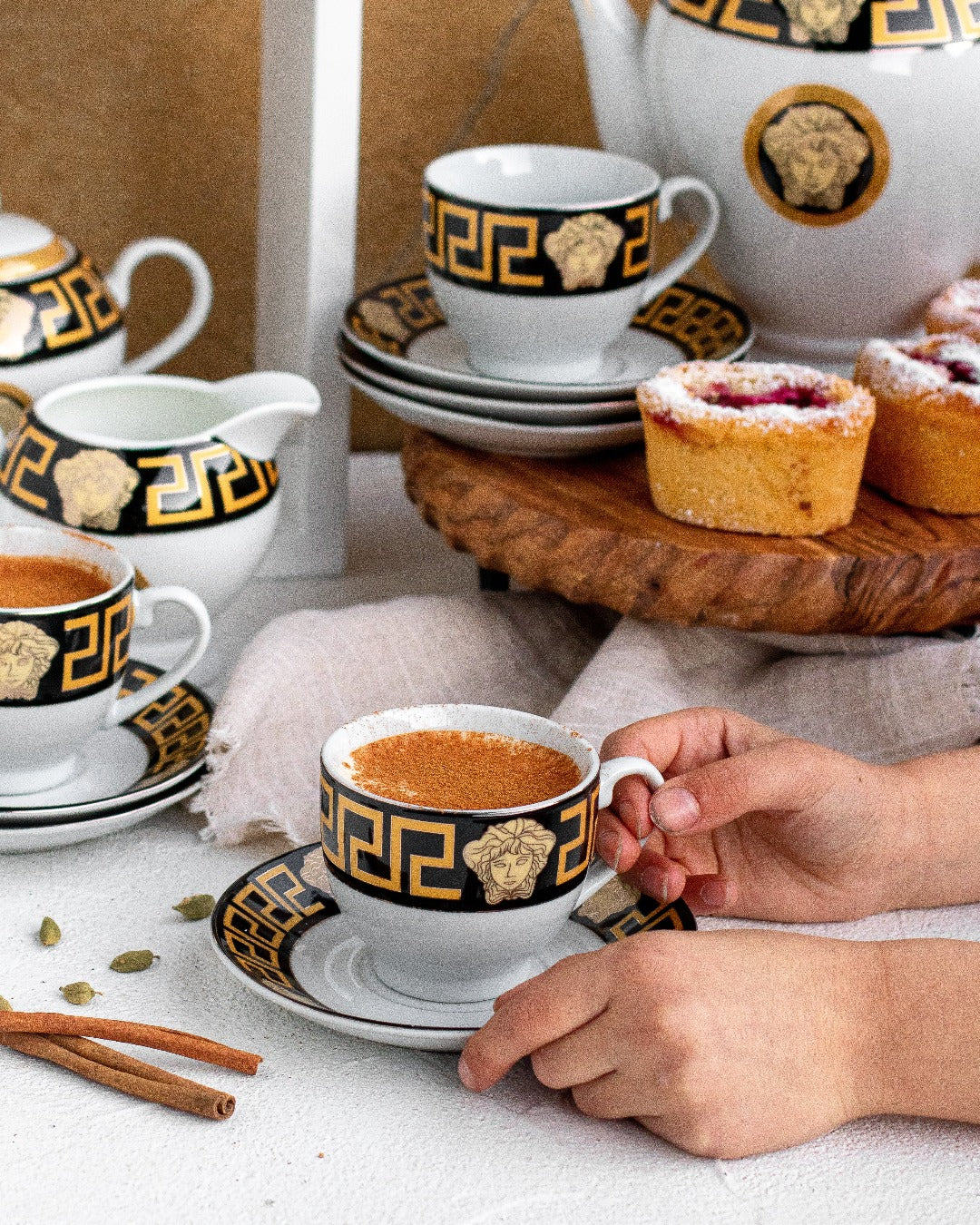 Medusa Gold and Black 17pc Complete Tea Set With Tea Pot, Sugar and Creamer
