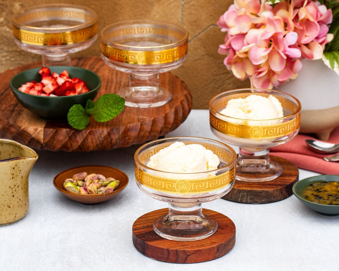 Medusa Stylish and Luxe Design Set/4 Glass Ice Cream/ Dessert Bowls Gold