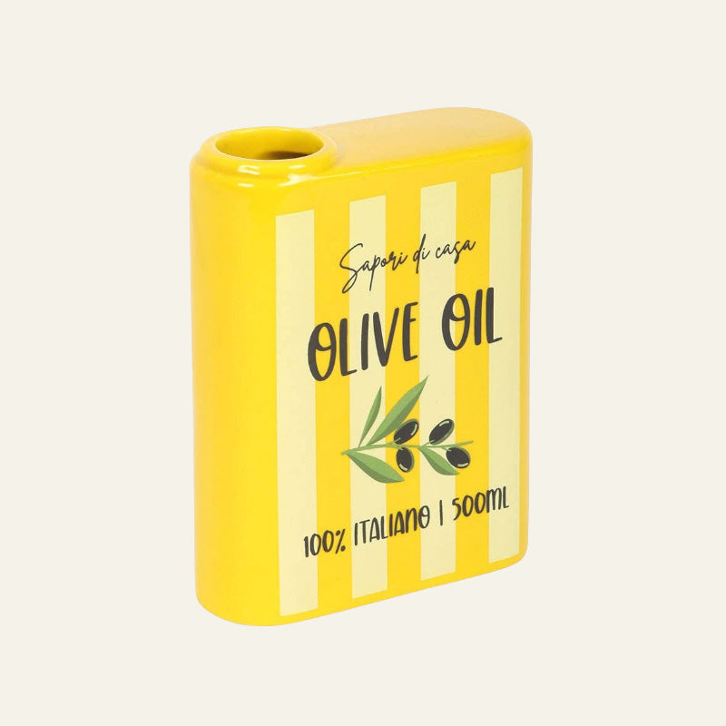 Yellow striped ceramic vase representing and Italian Olive oil Tin