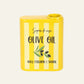 Yellow striped ceramic vase representing and Italian Olive oil Tin - reverse view