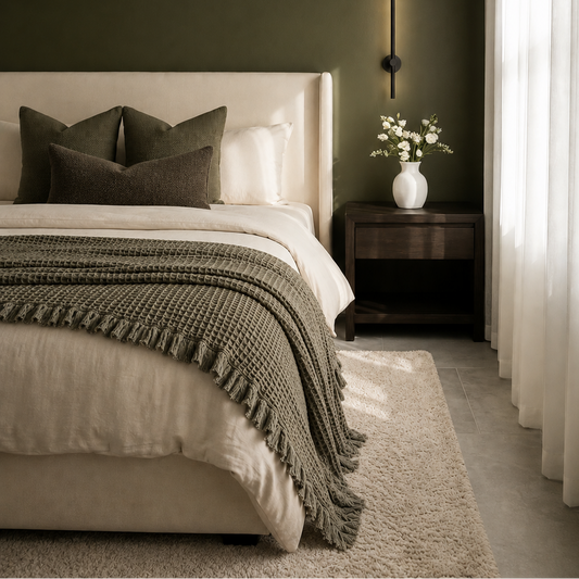 Khaki rustic waffle cotton throw blanket styled across a neutral bed