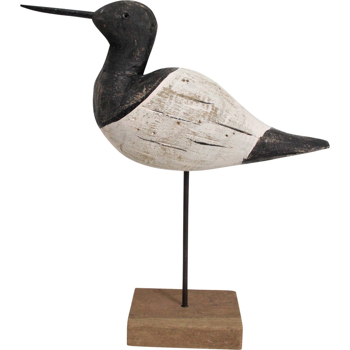 Add weathered coastal character with this large reclaimed timber shorebird sculpture, featuring a hand-finished design on a metal stand.