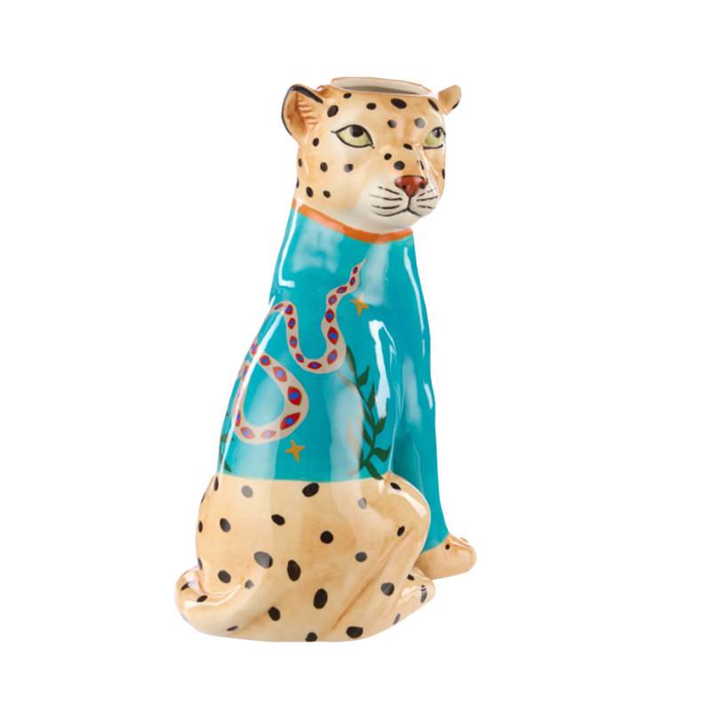 Ceramic leopard planter in a blue jumper with a snake design 