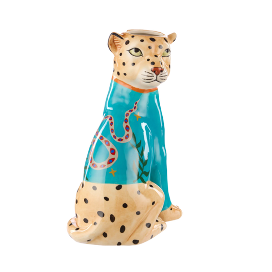 Ceramic leopard planter in a blue jumper with a snake design 