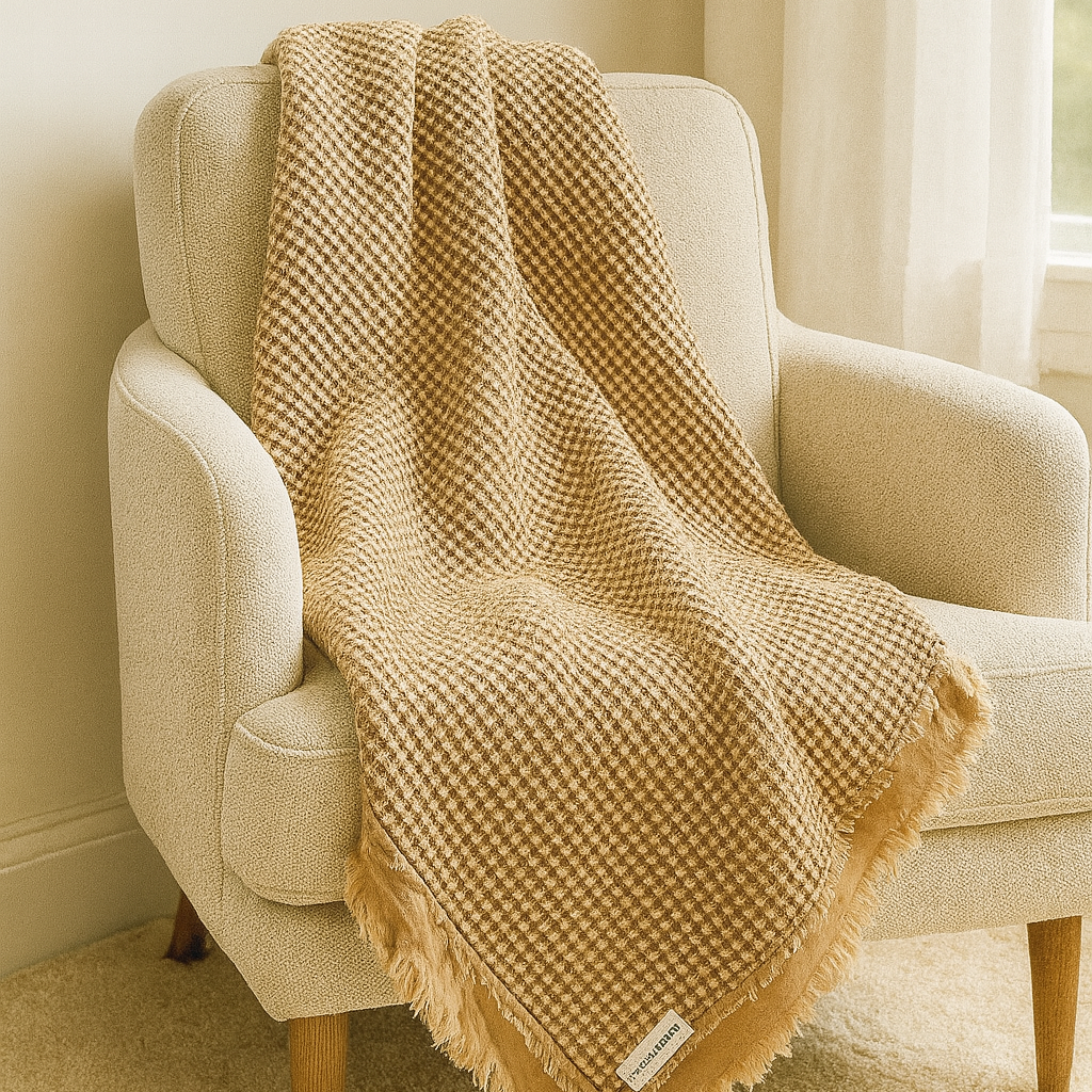 Light rust rustic waffle cotton throw blanket draped over a cream armchair