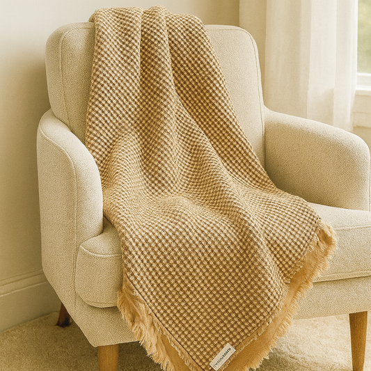 Light rust rustic waffle cotton throw blanket draped over a cream armchair