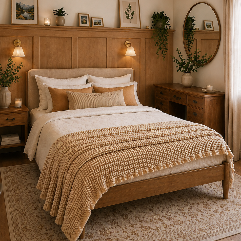 Light rust waffle cotton throw blanket styled across a neutral bed
