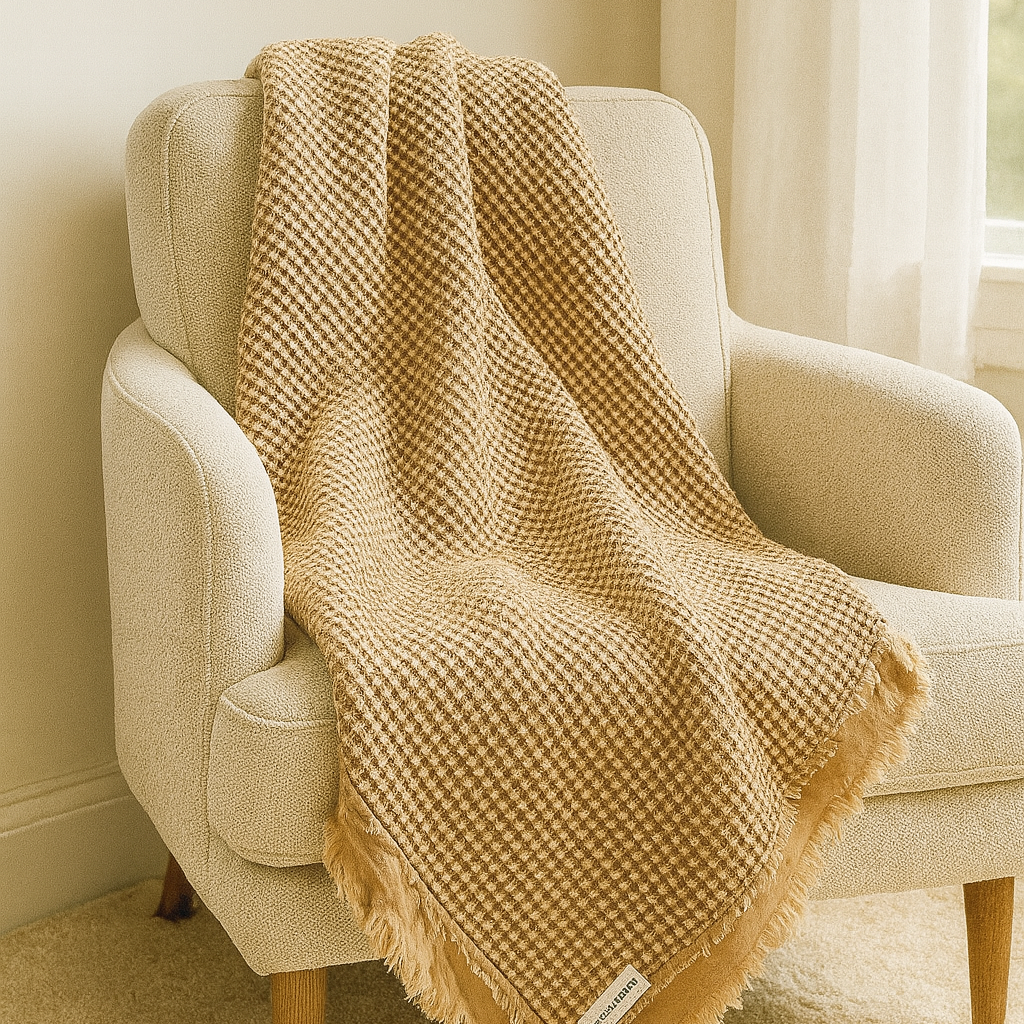 Light rust waffle cotton throw draped over a cream armchair