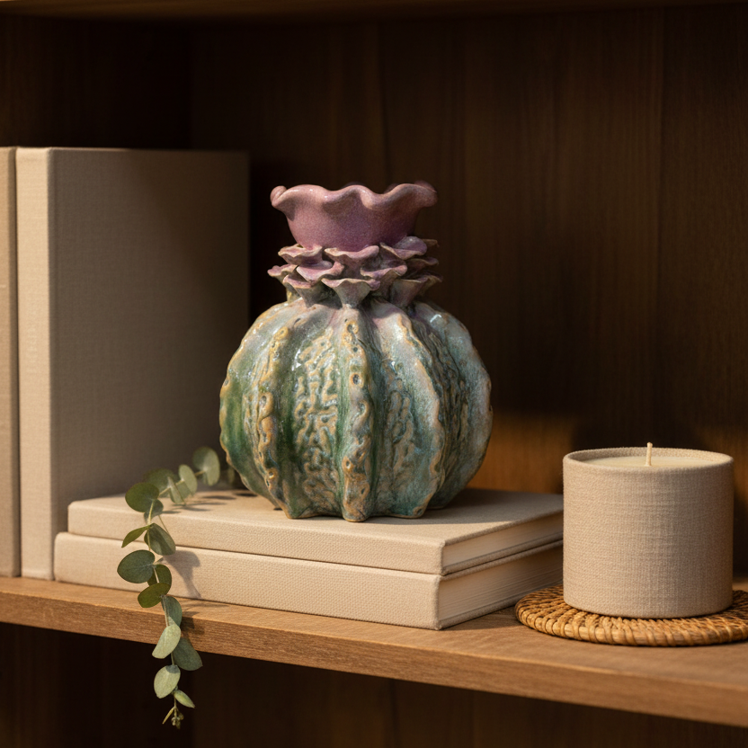 A decorative ceramic vase with a ribbed body in mottled teal and cream glaze, topped with a ruffled lavender-purple petal rim, displayed on stacked books on a wooden shelf next to a white candle.