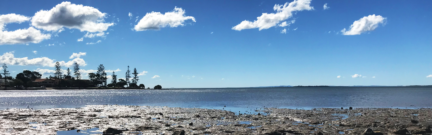 Beach with rocks and sand under a blue sky with clouds