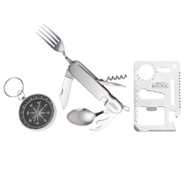 Multitool with fork, knife, spoon, and corkscrew on a white background