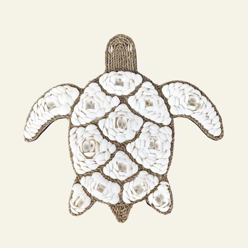 Natural shell turtle wall hanging with white shell pieces, woven rope edging and a loop for hanging.