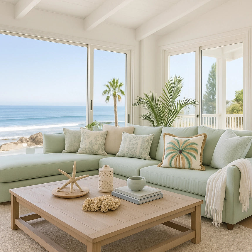 Living room with ocean view, light green sofa, wooden coffee table, and decorative items.