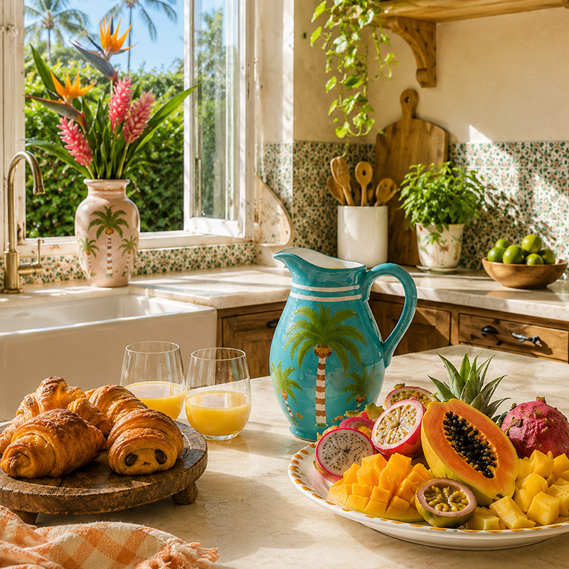 Kitchen counter with fruits, croissants, and a turquoise jug, decorated with palm trees, full of juice on a sunny day.