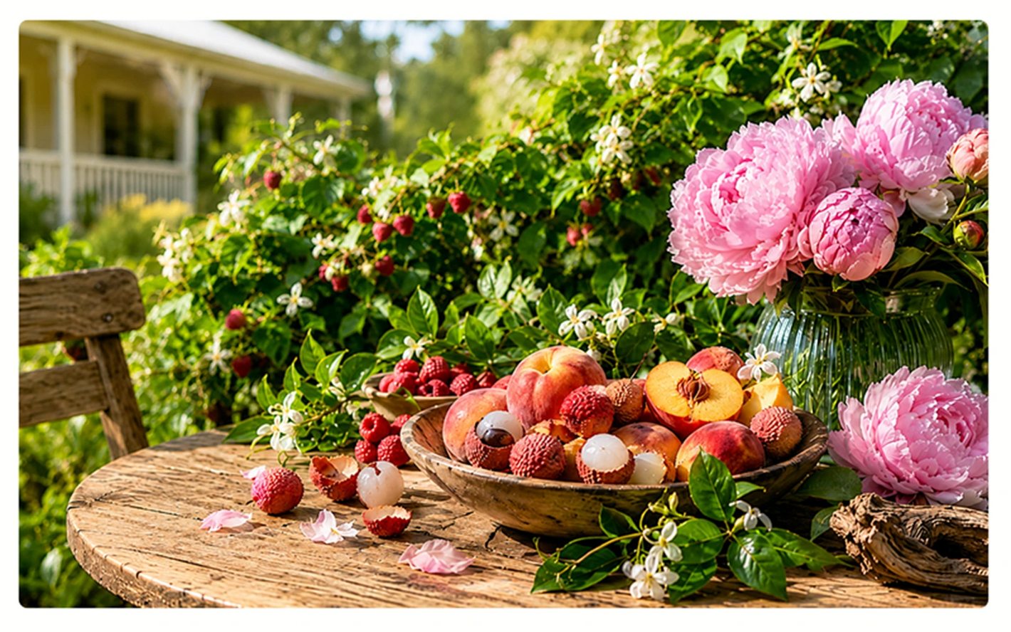 Paradise Vibes home fragrance with lychee, peaches, raspberries, pink peonies and jasmine in a Queensland garden setting
