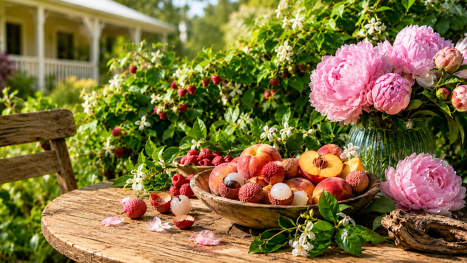 Paradise Vibes home fragrance with lychee, peaches, raspberries, pink peonies and jasmine in a Queensland garden setting
