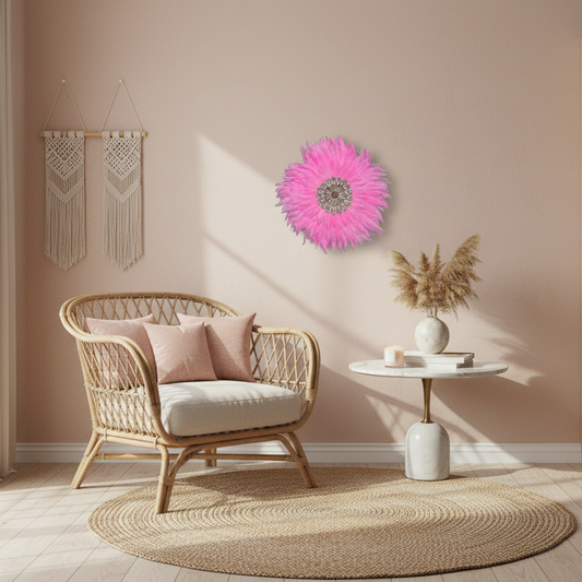 A styled interior room scene with a wicker armchair, round woven rug, side table, shelving, plants, and wall decor. The likely product focus is the bright pink circular wall art centered on the beige wall, but because a real room environment is clearly present, this fits Lifestyle rather than Product/Packaging.