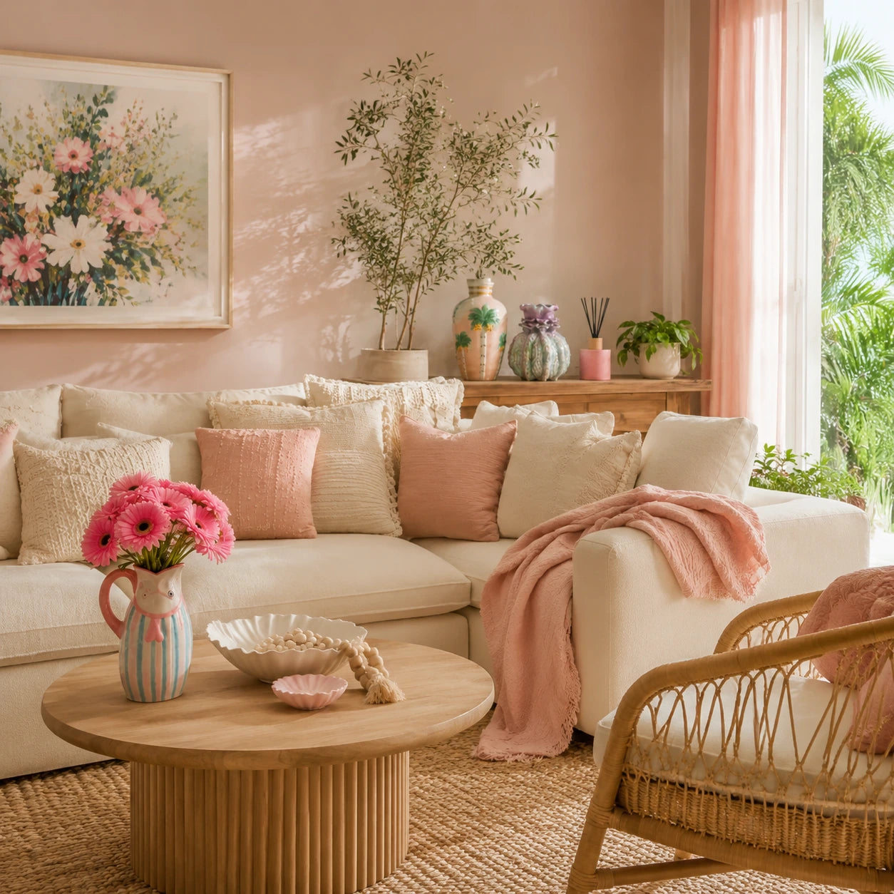 A beautifully styled living room featuring a cream sectional sofa with blush pink and cream pillows, a round wooden coffee table with a pink flower vase, a woven rattan armchair, and a pink wall with a floral painting.