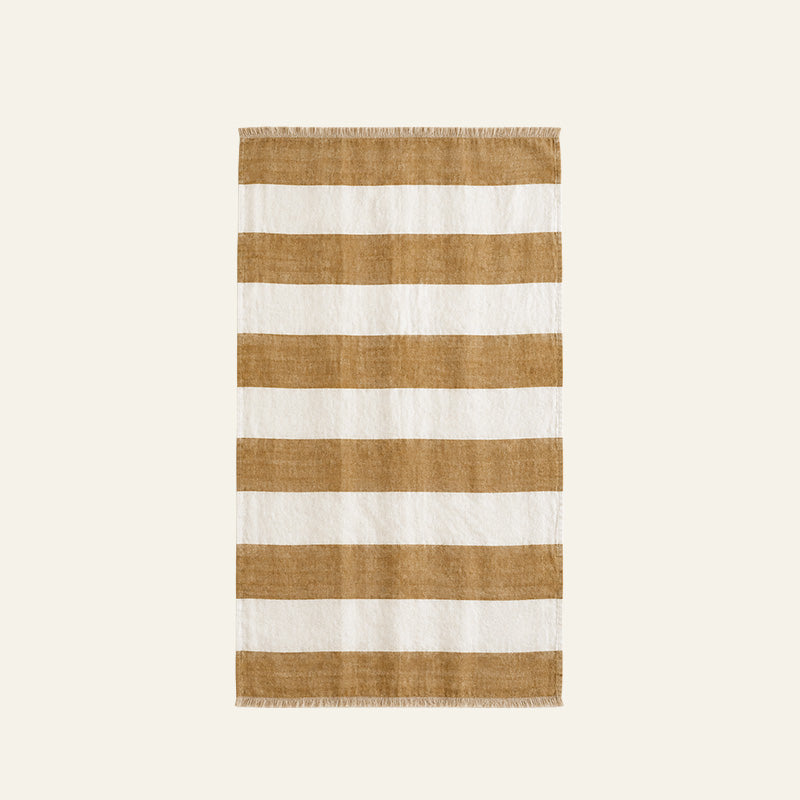 Rectangular French linen tea towel with broad tan and warm white horizontal stripes.