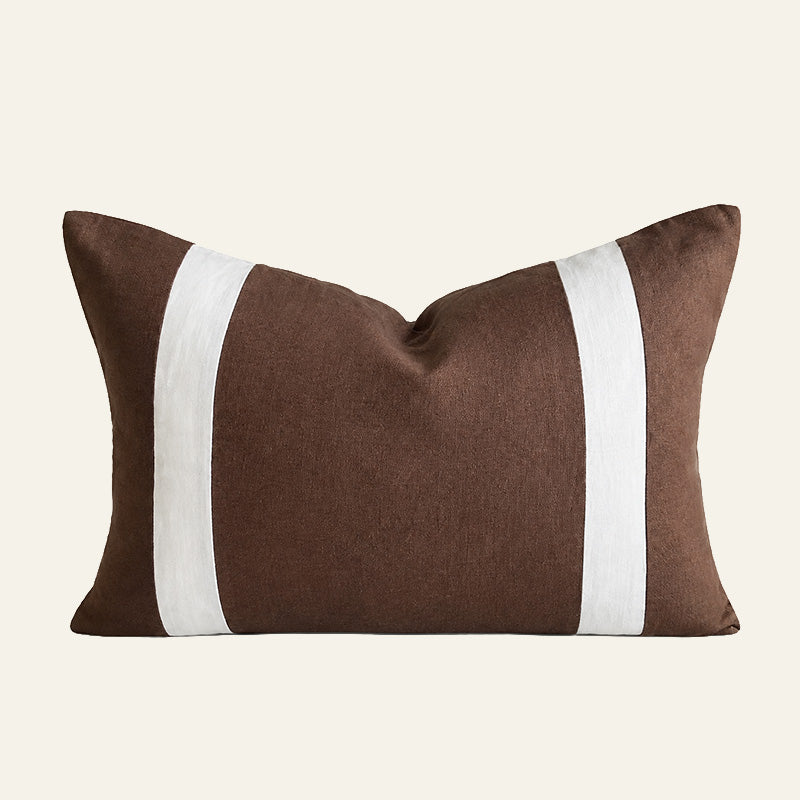 Rectangular chocolate brown and white linen lumbar cushion cover