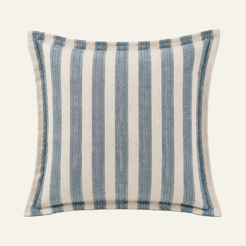 Square stone blue and warm white striped French linen cushion cover with a flat tailored border.