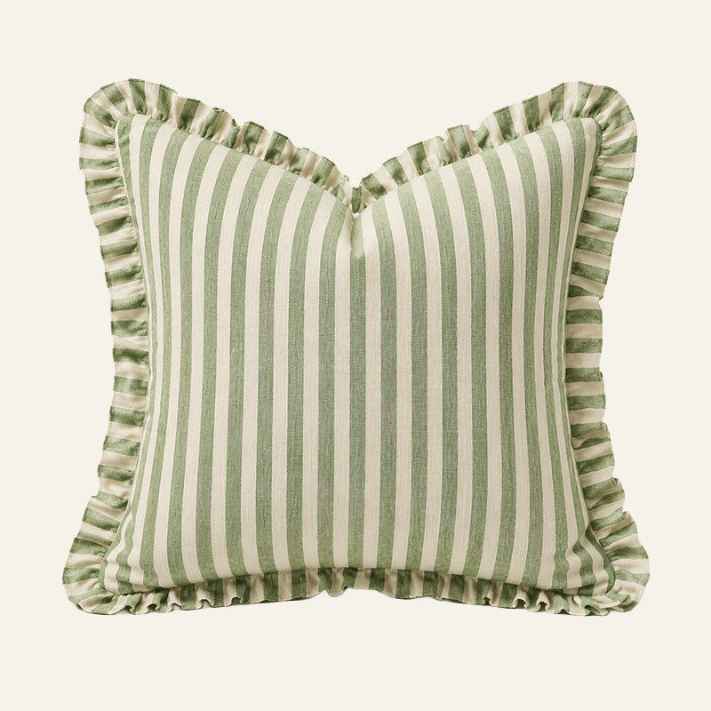 Reversible Linen Ruffle Cushion Cover – Green Stripe 45x45cm