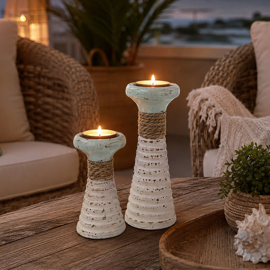 White & Sage Rope Candle Holders 20cm and 30cm