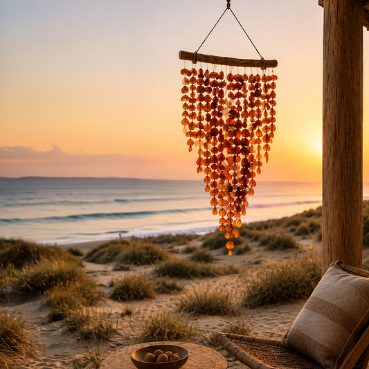 Decorative hanging mobile with beads against a sunset beach backdrop