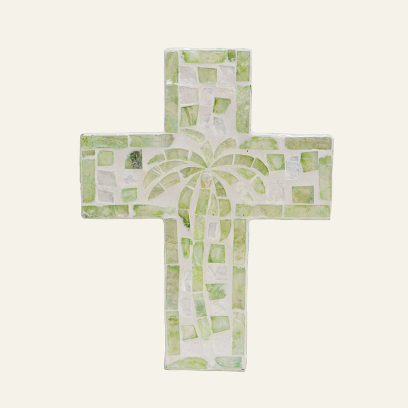 Decorative cross with green palm tree mosaic pattern