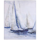 Sails at First Light framed artwork featuring white sailboats on soft blue water.
