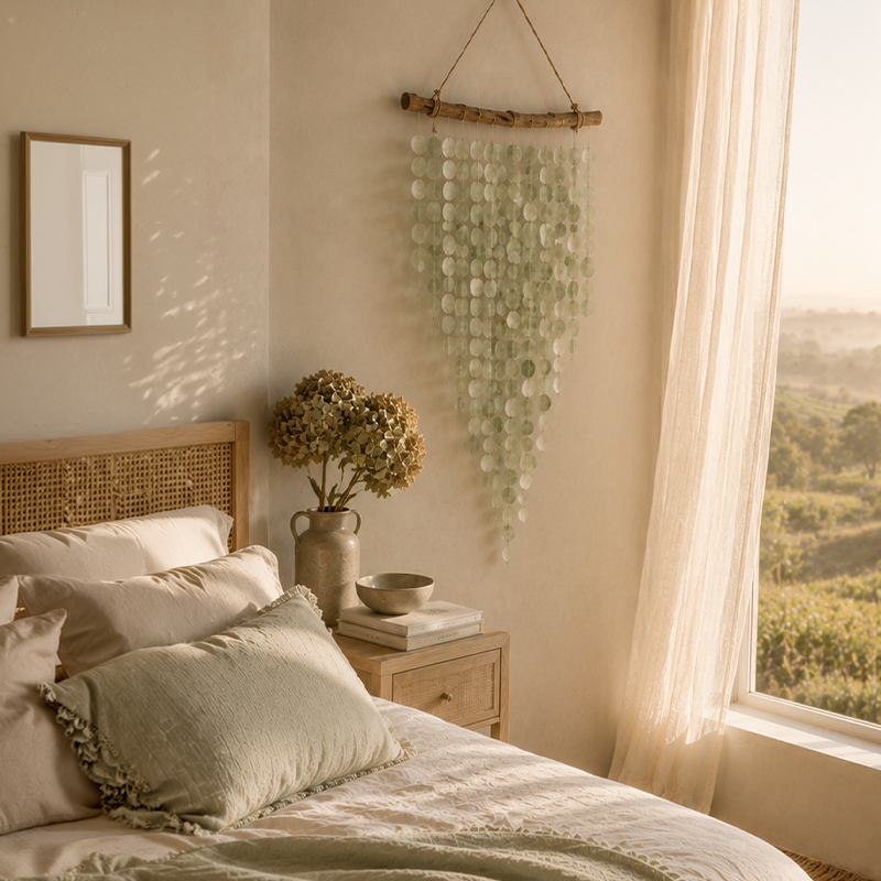 Sea glass hanging Wall art placed in s Bedroom with wooden headboard, pillows, and other decorative elements.