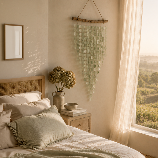 Sea glass hanging Wall art placed in s Bedroom with wooden headboard, pillows, and other decorative elements.