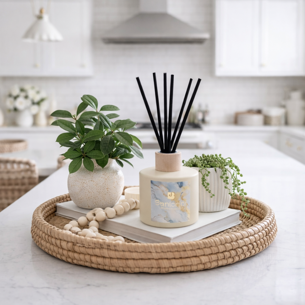 Decorative items including a diffuser, candles, and plants on a marble surface with a kitchen background.