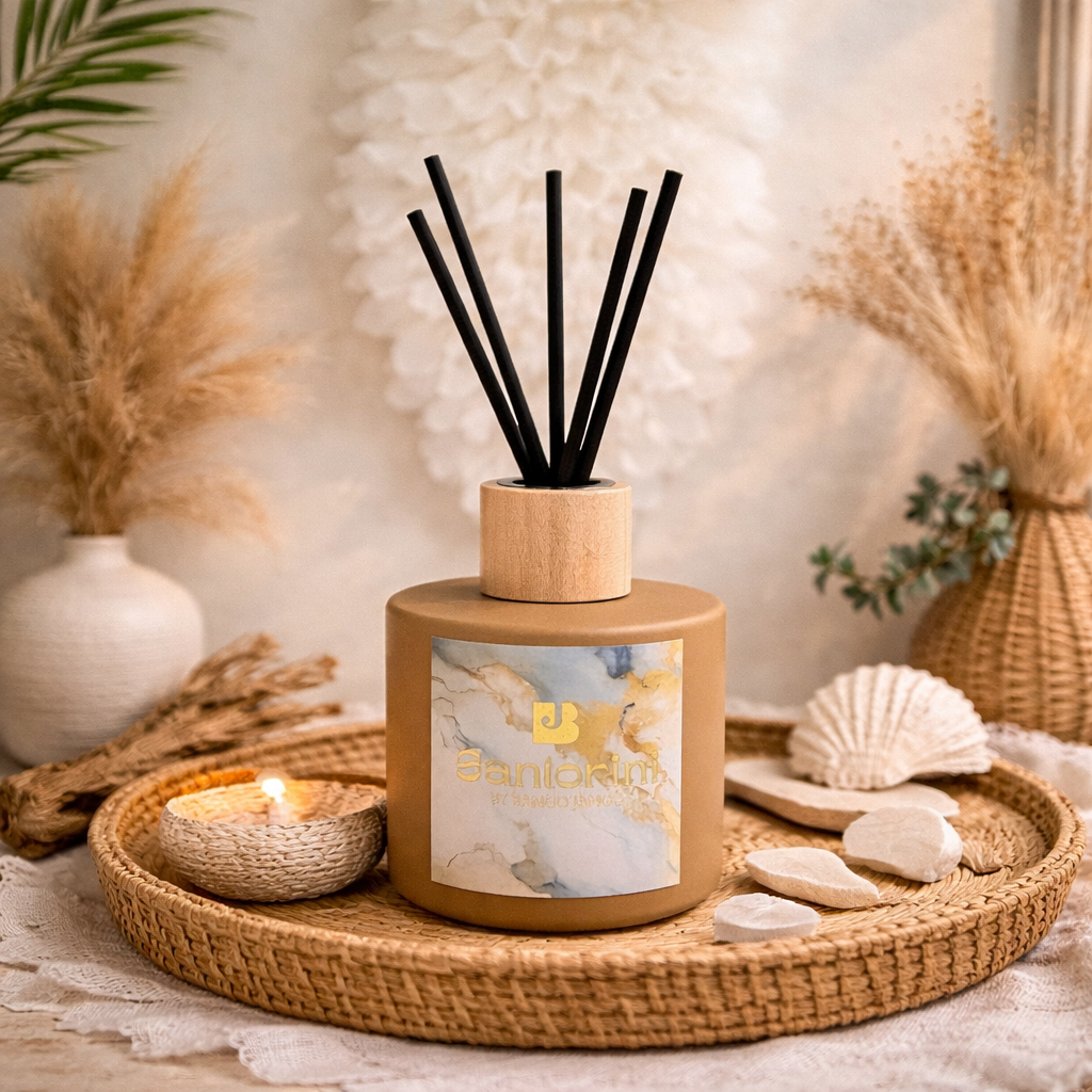 Decorative diffuser with black sticks on a wooden base, surrounded by shell decor and candles.