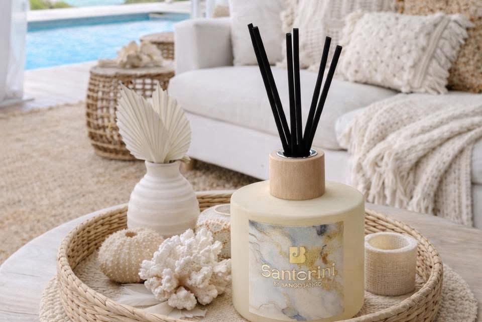 Diffuser with black reeds on a woven tray in a cozy living room setting.