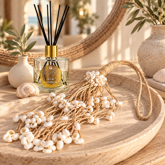 A glass reed diffuser bottle labeled 'GODDESS' with black reeds stands on a wooden tray beside a decorative dried floral bundle with white bead-like blossoms and a braided loop. The scene is styled with ceramic vases, shells, and warm natural light in a bathroom or spa-like setting.