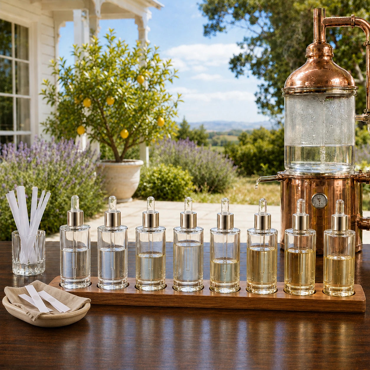 A set of clear glass perfume or oil dropper bottles arranged on a wooden tray, with a copper distillation apparatus and a small glass cup of white straws outdoors on a table. A house and garden are visible in the background.