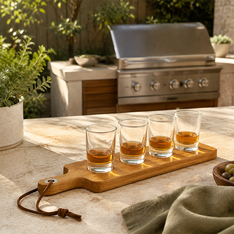 Wooden paddle with four filled shot glasses on an outdoor table beside a garden BBQ