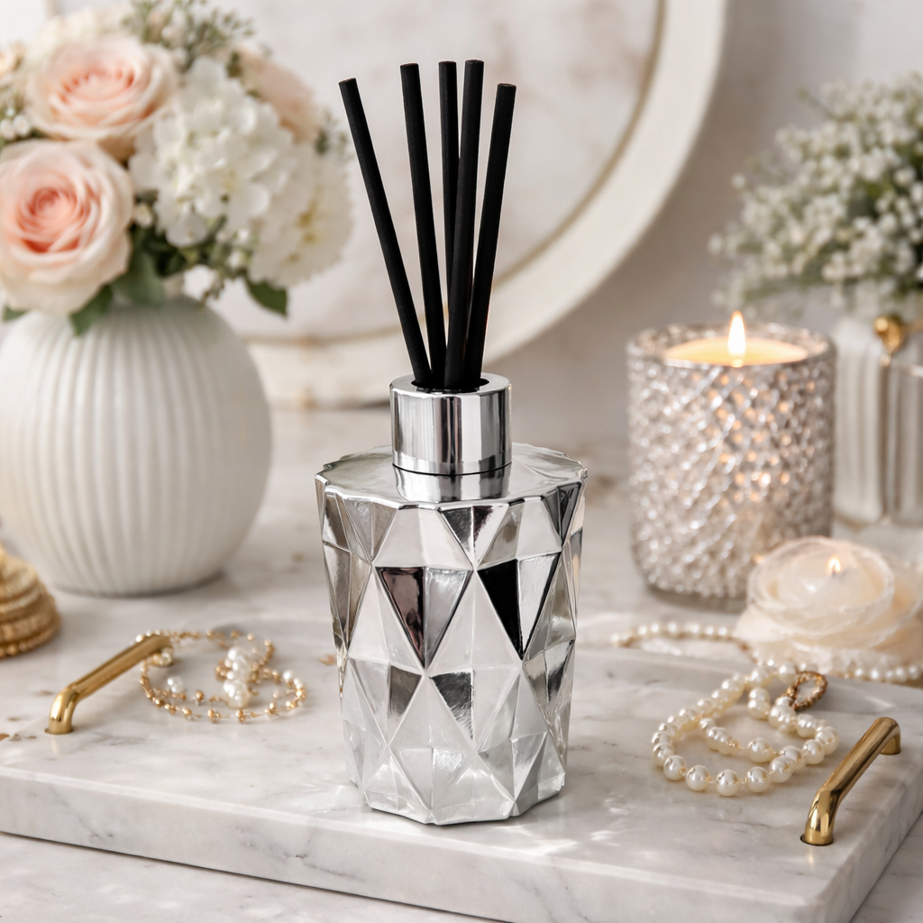 Decorative diffuser with black sticks on a marble surface with flowers and candles in the background