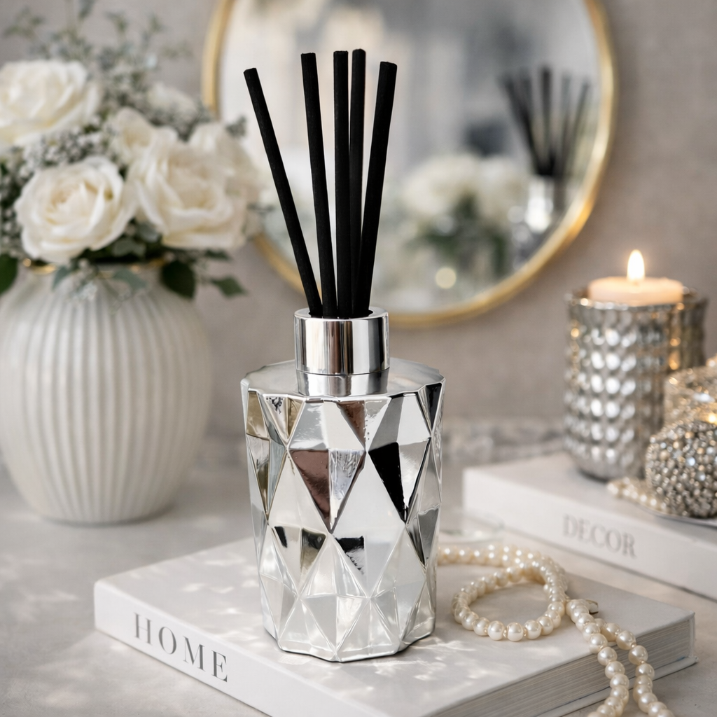 Decorative diffuser with black sticks on a table with flowers and books in the background