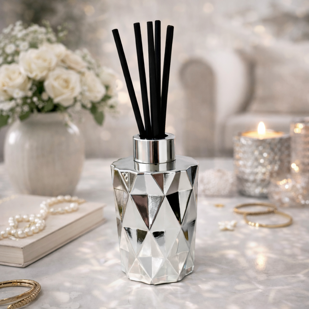 Decorative diffuser with black sticks on a table with flowers and candles in the background