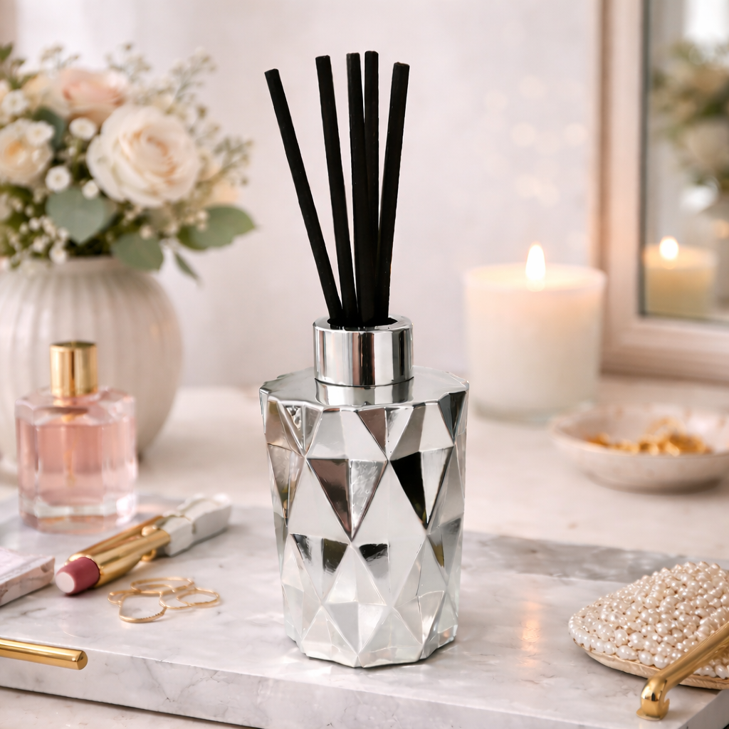 Decorative diffuser with black reeds on a marble surface with candles and flowers in the background