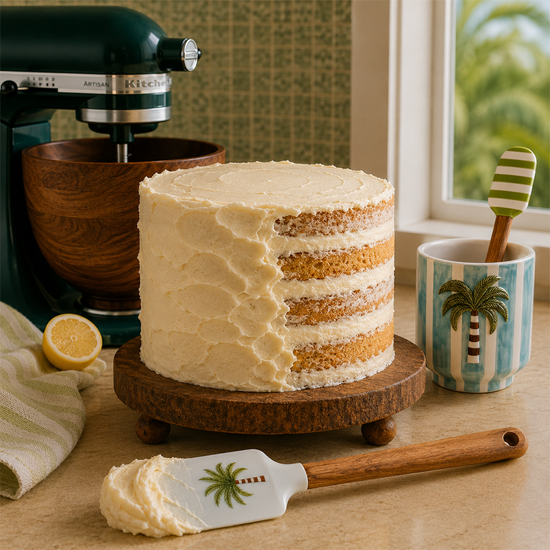 Layered cake on a wooden stand with a pot with a palm tree on it and 2 spatuals - one striped, one with a palm tree on.