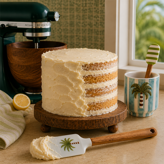 Layered cake on a wooden stand with a pot with a palm tree on it and 2 spatuals - one striped, one with a palm tree on.