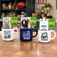 Three novelty mugs displayed on a wooden table in a golf-themed shop setting. The mugs are white, navy blue, and white again, each with a humorous golf-related quote or design and holding golf clubs in their interiors.