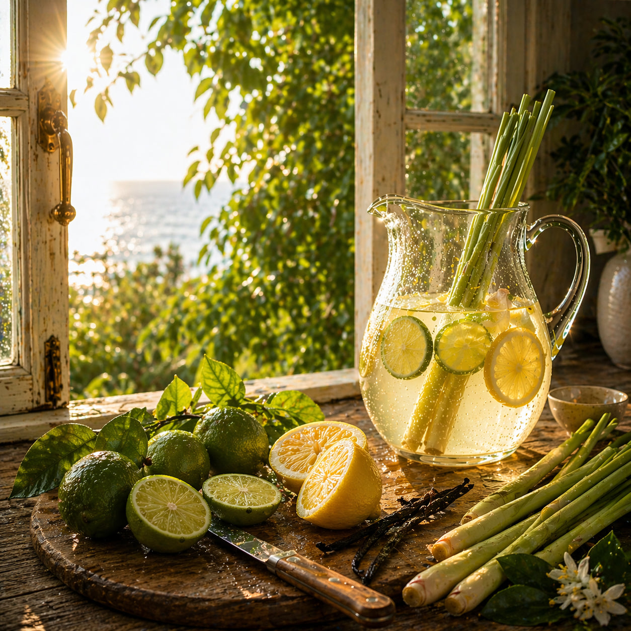 Clear pitcher of lemon water on a wooden surface with lemons and limes, set against a window with greenery outside.