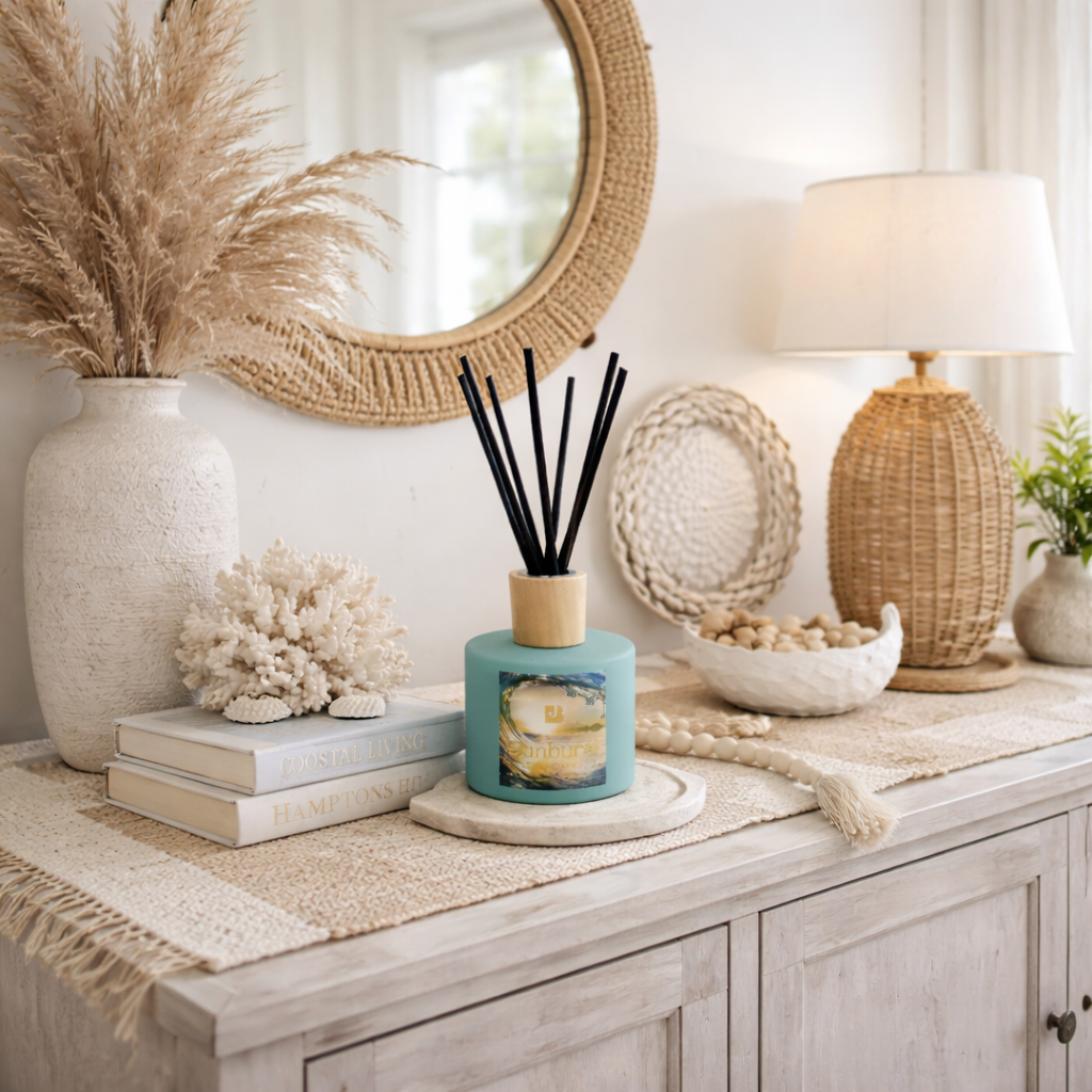 Decorative items on a console table including a diffuser, books, and a lamp.
