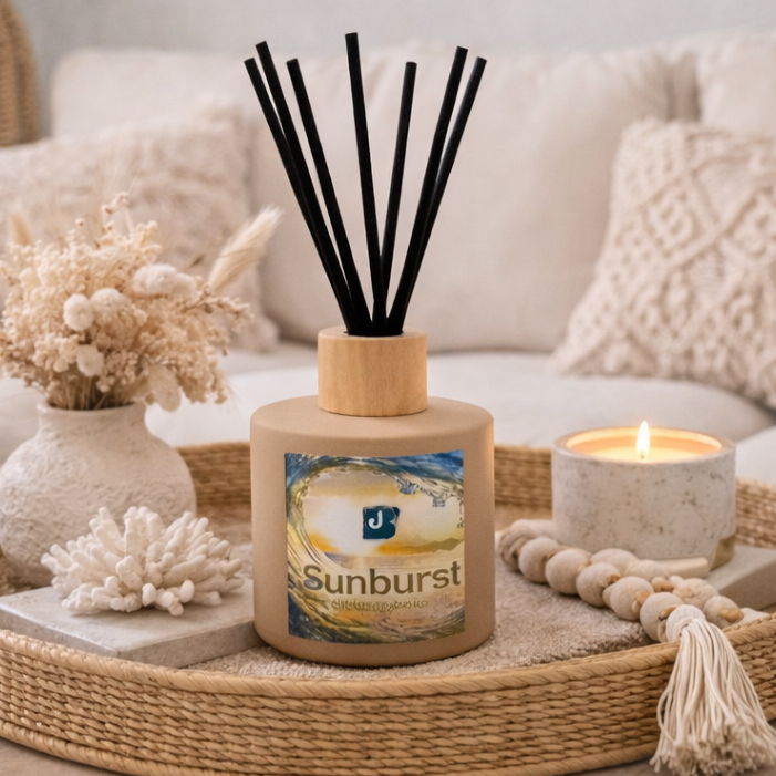 Decorative tray with a diffuser, candle, and decorative items on a coffee table.
