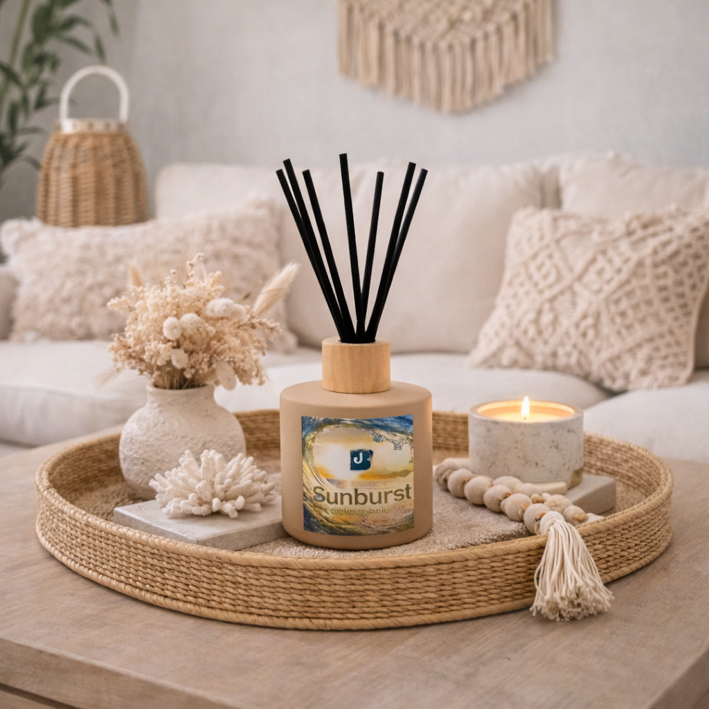 Decorative tray with a diffuser, candle, and decorative items on a coffee table.