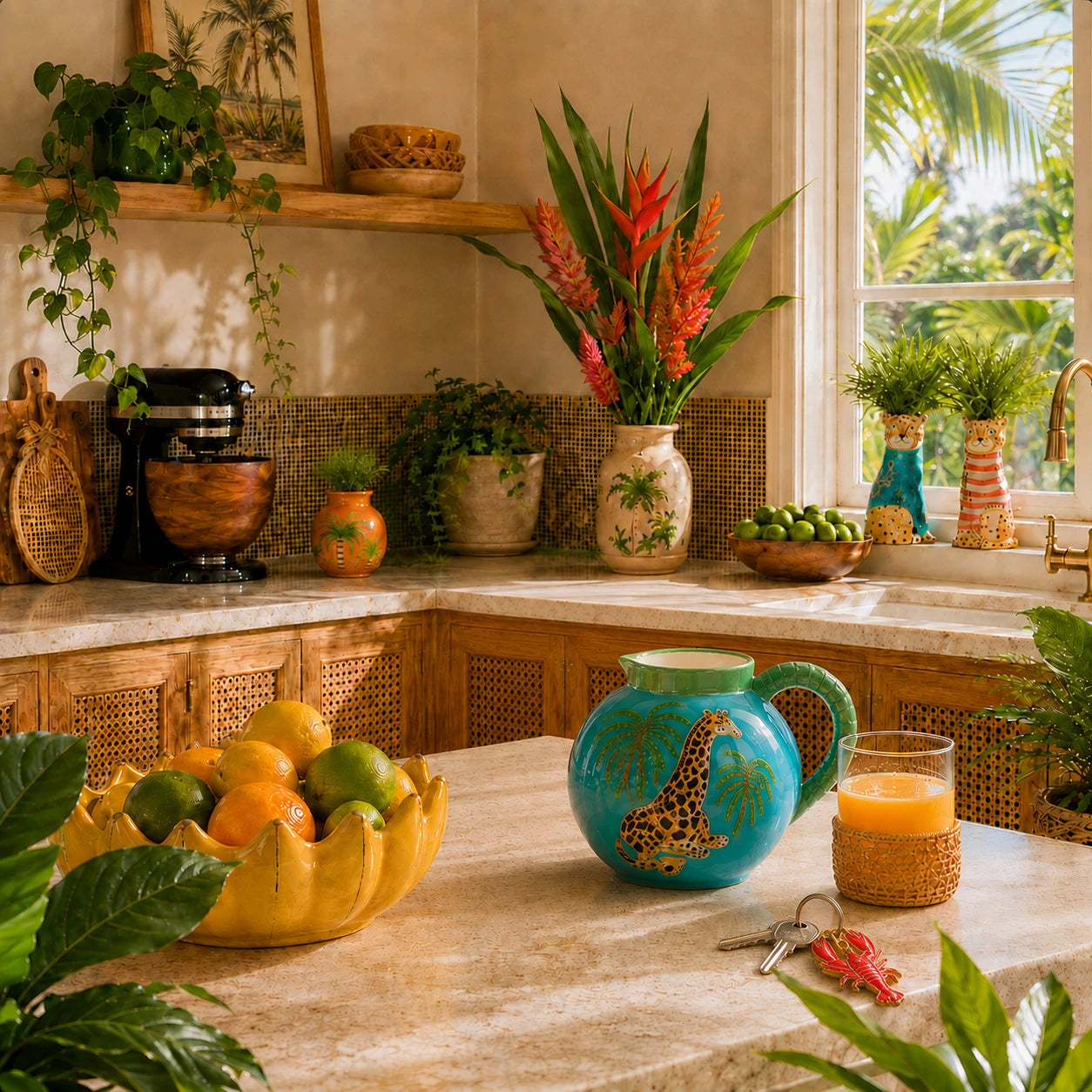 A cozy, tropical-themed kitchen scene with a turquoise ceramic pitcher featuring a giraffe design on the front, set on a marble countertop next to a glass of orange juice. The background is filled with wooden cabinets, woven backsplash tiles, a colorful floral arrangement, and various potted plants.